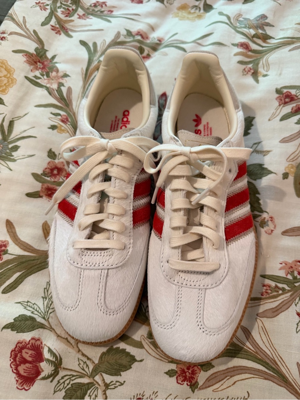 adidas Off White Sneakers with Red Three-Stripes, calf hair
